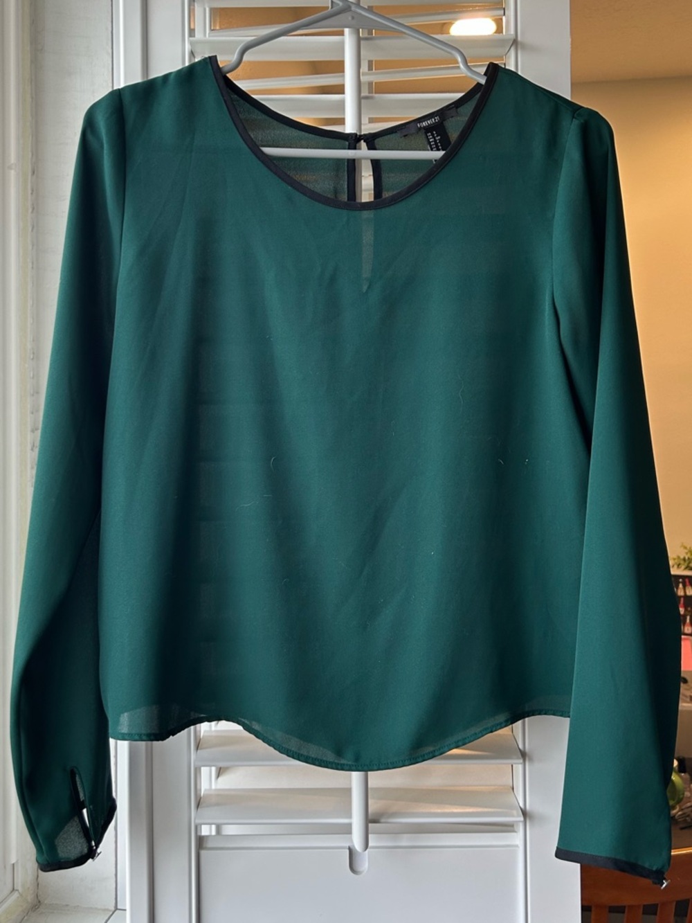 Forever 21 Emerald Green Long-Sleeve Blouse with Contrast Trim